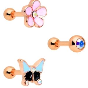 16 Gauge 1/4 Aurora Gem Rose Gold Tone Flower Cartilage Tragus Set of 3